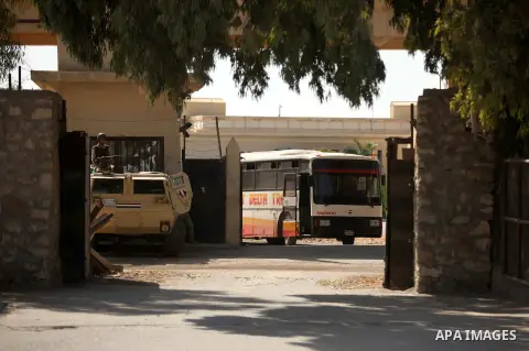A bus transporting Palestinians arrives from the Egyptian side of Rafah border crossing at the southern Gaza Strip October 15, 2015. Egypt opened the Rafah border crossing on Thursday for one day to allow stranded Palest...
