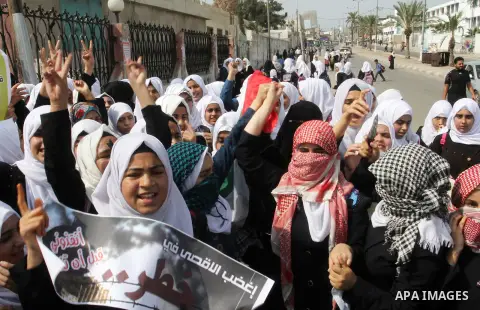 Palestinian school girls take part in an anti-Israel protest in Khan Younis in the southern in Gaza strip, on Oct. 18, 2015. Israel pressed ahead with major security measures after five more stabbing incidents, while ult...