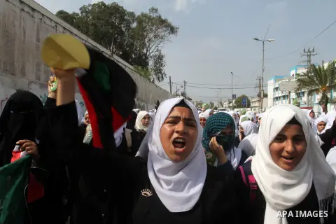 Palestinian school girls take part in an anti-Israel protest in Khan Younis in the southern in Gaza strip, on Oct. 18, 2015. Israel pressed ahead with major security measures after five more stabbing incidents, while ult...