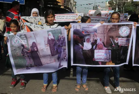 Palestinian students take part in a protest to show solidarity with Al-Aqsa Mosque compound and Palestinians in west Bank in Rafah in the southern Gaza srtip on Oct. 22, 2015. violence and protests against Israel's occup...