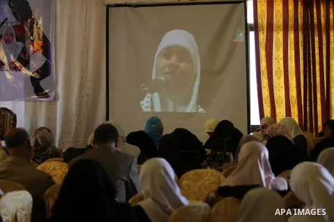 Palestinian attends a memorial service of pro-Palestinian Algerian activist Sabah Gheghissi, who, died on Sunday in a car accident, in Gaza city on October 28, 2015. Gheghissi is a well-known Algerian activist in defendi...