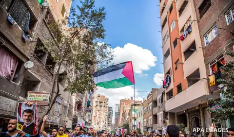 Egyptian protesters carry a Palestinian flag during an anti-Israel demonstration in Giza district, near Cairo on October 30, 2015. Since the start of October, violence that has included stabbings as well as clashes betwe...