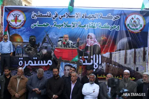 Palestinian supporters of Hamas and Islamic Jihad movements take part in an anti-Israel demonstration, in Khan Younis in the southern Gaza Strip, October 30, 2015. Since the start of October, violence that has included s...