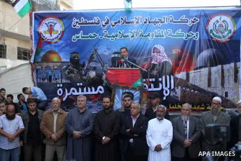 Palestinian supporters of Hamas and Islamic Jihad movements take part in an anti-Israel demonstration, in Khan Younis in the southern Gaza Strip, October 30, 2015. Since the start of October, violence that has included s...