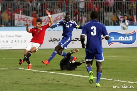 Egypt's players compete against Chad players during their 2018 World Cup qualifying soccer match agaist Chad at Borg El Arab "Army Stadium" in the Mediterranean city of Alexandria, north of Cairo, Egypt, November 17, 201...
