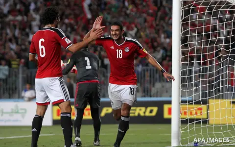 Egypt's players celebrate after Ahmed Hassan "Koka" scored a goal during their 2018 World Cup qualifying soccer match against Chad at Borg El Arab "Army Stadium" in the Mediterranean city of Alexandria, north of Cairo, E...