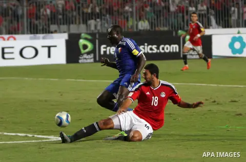 Egypt's players compete against Chad players during their 2018 World Cup qualifying soccer match agaist Chad at Borg El Arab "Army Stadium" in the Mediterranean city of Alexandria, north of Cairo, Egypt, November 17, 201...