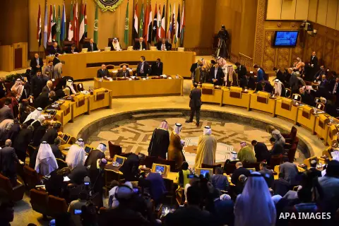 Members of Arab thought foundation take part in a meeting in the Arab League's headquarters in the Egyptian capital, Cairo, on Dec. 07, 2015. The Arab Thought Foundation is an international independent non-governmental o...