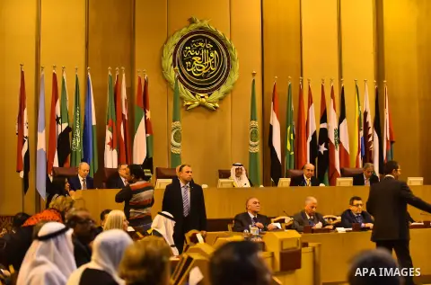 Members of Arab thought foundation take part in a meeting in the Arab League's headquarters in the Egyptian capital, Cairo, on Dec. 07, 2015. The Arab Thought Foundation is an international independent non-governmental o...