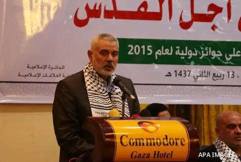Senior Hamas leader Ismail Haniyeh speaks during a ceremony to honor the journalists, in Gaza city on January 23, 2016. Photo by Mohammed Asad