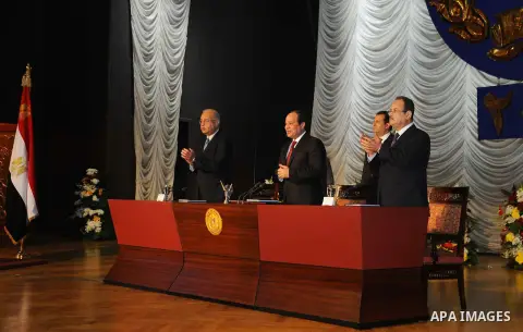 Egyptian President Abdel-Fattah el-Sissi takes part in a ceremony marking Police Day, which falls on Jan. 25, the anniversary of the 2011 uprising that toppled longtime ruler Hosni Mubarak, in Cairo, Egypt, Saturday, Jan...