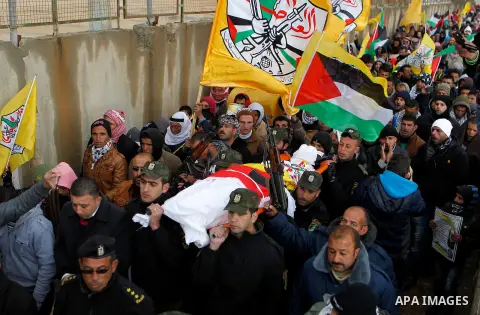 Palestinians carry the body of Ruqya Abu Eid, 13, during her funeral, who Israeli military said was shot dead by Israeli soldiers after he tried to stab a soldier, in the West Bank city of Hebron, on January, 24, 2016. P...