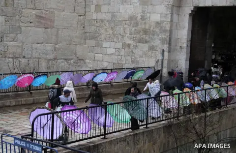 Palestinians walk in front of Damascus gate in Jerusalem's Old city on a rainy day on Jan. 24, 2016. Photo by Mahfouz Abu Turk