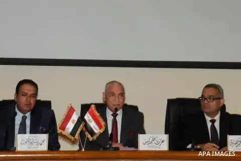 Judge Ezzat Khamis a head of justice ministry panel tasked with confsicating Muslim Brotherhood speaks during a press conference in Cairo, Egypt, on Jan. 24, 2016. A panel tasked by the Justice Ministry to oversee the co...