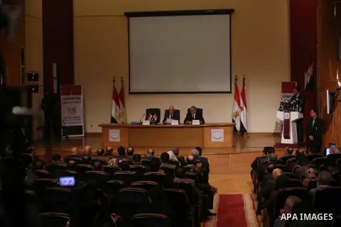 Judge Ezzat Khamis a head of justice ministry panel tasked with confsicating Muslim Brotherhood speaks during a press conference in Cairo, Egypt, on Jan. 24, 2016. A panel tasked by the Justice Ministry to oversee the co...