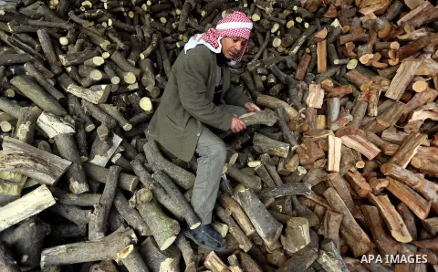 A Palestinian vendor stands in front of logs for heating and cooking on a rainy day, in Khan Younis in the southern Gaza Strip, January 24, 2016. Photo by Yasser Qudih