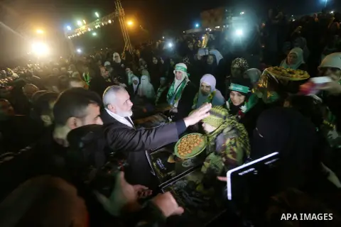 Senior Hamas leader Ismail Haniyeh attends a gathering to pay tribute to the brigade's militants who died after a tunnel collapsed in the Gaza Strip on January 31, 2016 in Gaza city. Seven Hamas militants were killed on...