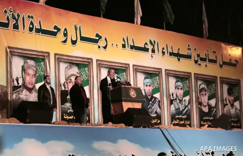 Senior Hamas leader Khalil al-Hayah speaks during a gathering to pay tribute to the brigade's militants who died after a tunnel collapsed in the Gaza Strip on January 31, 2016 in Gaza city. Seven Hamas militants were kil...