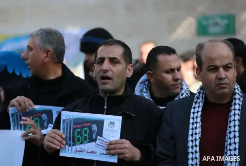 Palestinians take part in a protest demanding release the prisoners in Israeli jails, in front of Red cross office, in Gaza city, on Feb. 01, 2016. Photo by Yasser Qudih