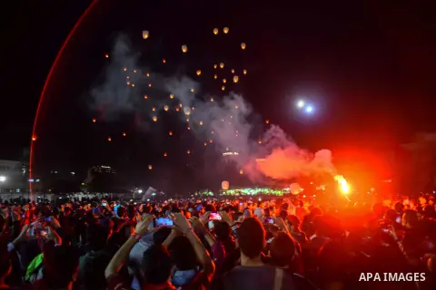 Al Ahly fans, also known as "Ultras", light flares and shout slogans at al-Ahly club's training stadium marking the fourt anniversary of killing al-Ahly fans in what known as the "Port Said massacre", on February 1, 2016...