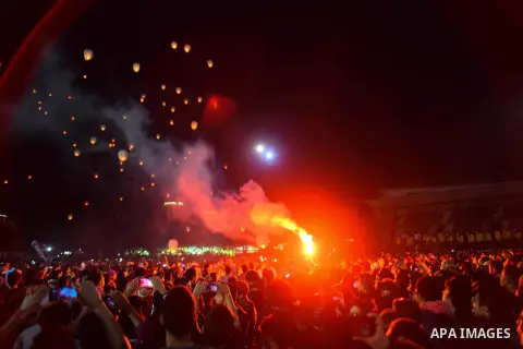 Al Ahly fans, also known as "Ultras", light flares and shout slogans at al-Ahly club's training stadium marking the fourt anniversary of killing al-Ahly fans in what known as the "Port Said massacre", on February 1, 2016...