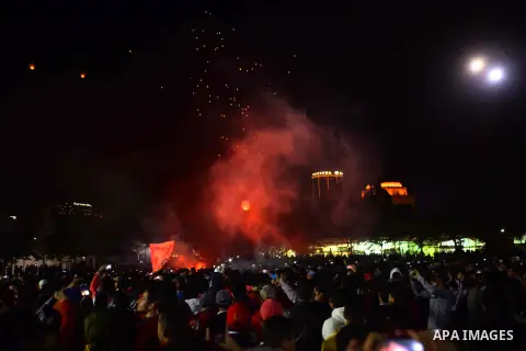 Al Ahly fans, also known as "Ultras", light flares and shout slogans at al-Ahly club's training stadium marking the fourt anniversary of killing al-Ahly fans in what known as the "Port Said massacre", on February 1, 2016...