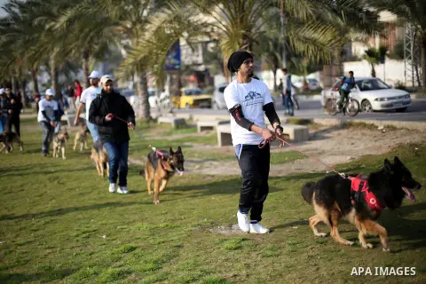 Palestinians show their dogs during the first dog show organized by local dog breeders, in Gaza City February 5, 2016. Following announcements over social media for dog owners to take part, more than thirty different bre...