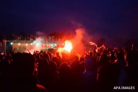 Al-Zamalek soccer club fans known as 'Ultras White Knights" light flares and shout slogans to mark the first anniversary of killing al-Zamalek fans in Cairo, Egypt, Feb. 08, 2016. At least 22 soccer fans were crushed to...