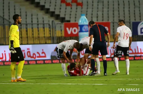 Al Ahly players compete against with Zamalek players during their Egyptian Premier League derby soccer match at Borg El Arab "Army Stadium" near Alexandria, Egypt, February 9, 2016. Photo by Amr Sayed