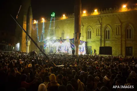 Egyptians celebrate Moulid al-Hussein, a Sufi gathering which commemorates the birth of the Muslim Prophet Muhammad's grandson, in Cairo, Egypt. The event attracts thousands of Muslims from all over the country to the mo...