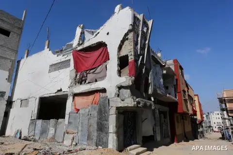 A residential building, that was heavily destroyed during 2014 war, in Shijaiyah neighborhood in the east of Gaza city on Feb. 11, 2016. Rebuilding of Palestinian houses which destroyed during 2014 war and funded by Kuwa...