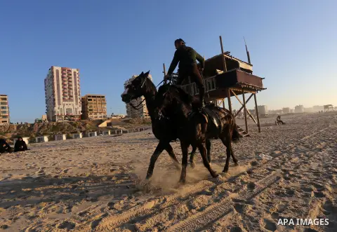 A Palestinian youth shows his skills on rides horses on the beach of Gaza city on Feb. 12, 2016. Photo by Mohammed Asad