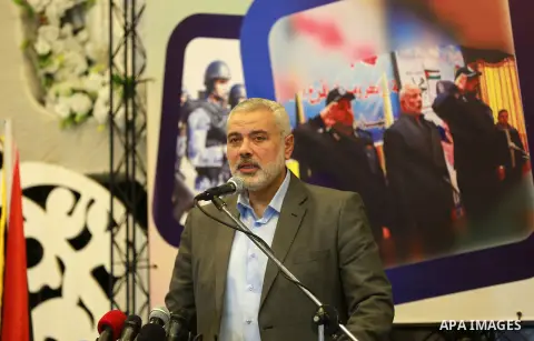 Senior Hamas leader Ismail Haniyeh speaks during a ceremony of the harvest of police work for the 2015, in Gaza city on February 13, 2016. Photo by Yasser Qudih