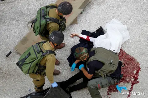 Israeli security forces carry the body of a Palestinian woman tried to stab an Israeli soldier before being shot dead, in the Israeli occupied West Bank city of Hebron, on February 13, 2016. An Israeli army statement sai...