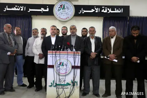 The leader of Al-Ahrar movement, Khaled Abu Hilal, speaks during a press conference in Gaza city on Feb. 16, 2016. Photo by Mohammed Asad