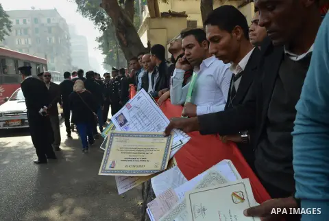 Egyptians take part in a protest to demand jobs in front of the Council of Ministers, in Cairo, Egypt, on February 17, 2016. Photo by Amr Sayed