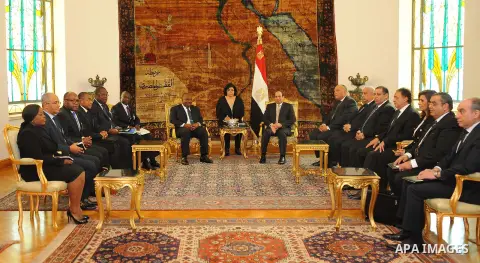 Egyptian President Abdel Fattah al-Sisi meets with President of Gabon Ali Bongo in the Egyptian capital Cairo on Feb. 18, 2016. Photo by Egyptian President Office