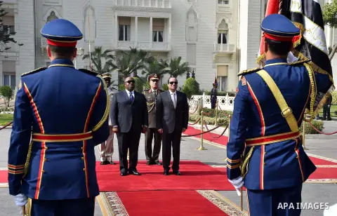 Egyptian President Abdel Fattah al-Sisi and President of Gabon Ali Bongo review the honour guard during a welcome ceremony in the Egyptian capital Cairo on Feb. 18, 2016. Photo by Egyptian President Office