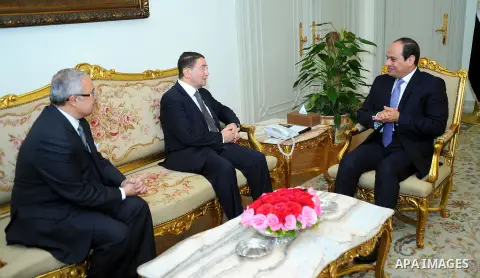 Egyptian President Abdel Fattah al-Sisi meets with Taleb Rifai, Secretary General of the World Tourism Organization in Cairo, Egypt, on Feb. 23, 2016. Photo by Egyptian President Office