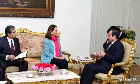 Egyptian President Abdel Fattah al-Sisi meets with Sajuln Royal, Minister of environment and energy of the republic French in Cairo, Egypt, on Feb. 23, 2016. Photo by Egyptian President Office