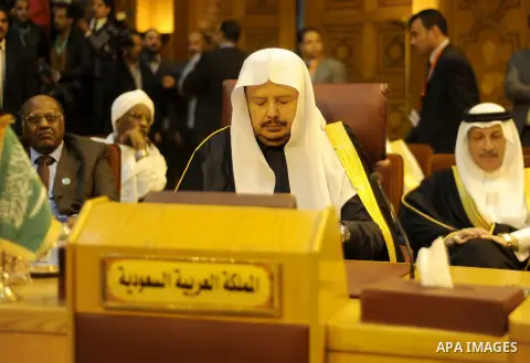 Heads of parliament for Arab countries attend the press conference, at League of Arab States, in Cairo, Egypt, on Feb. 24, 2016. Photo by Amr Sayed