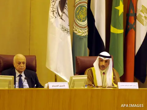 Heads of parliament for Arab countries attend the press conference, at League of Arab States, in Cairo, Egypt, on Feb. 24, 2016. Photo by Amr Sayed