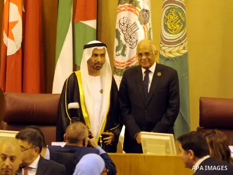 Heads of parliament for Arab countries attend the press conference, at League of Arab States, in Cairo, Egypt, on Feb. 24, 2016. Photo by Amr Sayed
