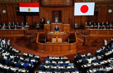 Egypt's President Abdel Fattah al-Sisi delivers a speech at the House of Representatives of the Diet in Tokyo on February 29, 2016. The president is on a four-day visit to Japan. Photo by Egyptian President Office