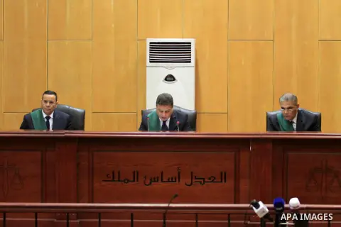 Egyptian Judges attends the trial of ousted Egyptian president Mohammed Morsi, during the 'Qatar espionage' case, in a court in Cairo on March 06, 2016. The defendants are accused of 'leaking important national security...