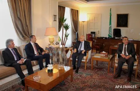 Secretary-General of the Arab League, Nabil Elaraby, meets with Special Coordinator of the United Nations for the peace process in the Middle East, in Cairo, Egypt, on March 9, 2016. Photo by Stringer