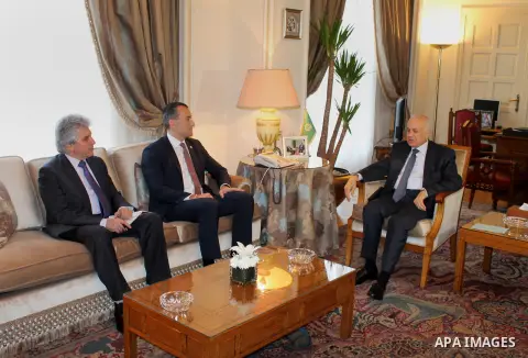 Secretary-General of the Arab League, Nabil Elaraby, meets with Special Coordinator of the United Nations for the peace process in the Middle East, in Cairo, Egypt, on March 9, 2016. Photo by Stringer