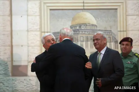 U.S. Vice Presicent Joe Biden and Palestinian President Mahmoud Abbas meet in the presidential compound in Ramallah, West Bank, March 9, 2016. Photo by Shadi Hatem