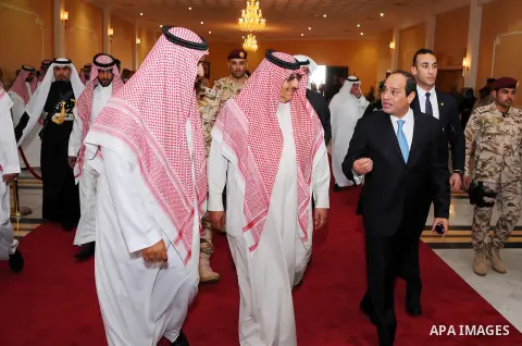 Egyptian President Abdel Fattah al-Sisi arrives to Hafr Al-Baten to attend military exercises code named North Thunder in Saudi Arabia on March 10, 2016. Photo by Egyptian President Office