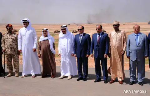 Egyptian President Abdel Fattah al-Sisi attend watches military exercises code named North Thunder with Saudi King Salman in Hafr Al-Baten, Saudi Arabia on March 10, 2016. Photo by Egyptian President Office